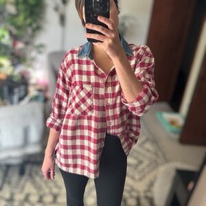 Vintage Arizona Jean Company Women’s Red and Cream Plaid Shirt with Denim Collar